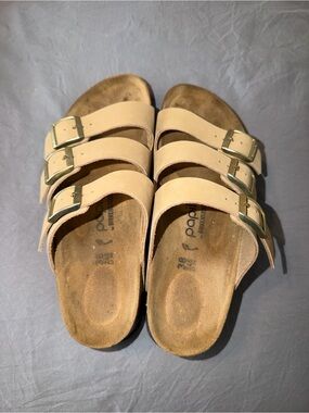 Birkenstock Triple Strap Sandals Beige with Gold Buckles